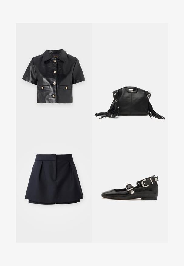 Schwarze Lederjacke im Cropped-Stil mit kurzen Ärmeln, goldenen Knöpfen und zwei Vordertaschen. Glatte Textur und klassisches Kragen-Design.; Marinefarbene Falten-Shorts mit hoher Taille, aus glattem Stoff gefertigt. Sie verfügen über ein figurbetontes Design und eine versteckte Fronttasche.; Schwarze Lackleder-Ballerina mit eckiger Zehenpartie, Knöchelriemen mit silberner Hardware und flacher Sohle. Glatte Textur mit minimalistischen Design.; Maje MISS MINI - Umhängetasche - noir