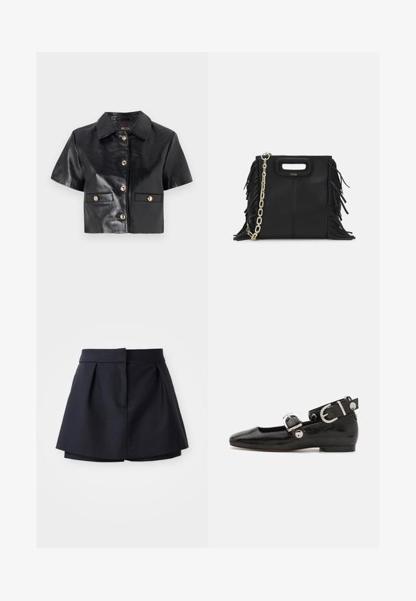 Čierna kožená skrátená bunda s krátkymi rukávmi, zlatými gombíkmi a dvoma prednými vreckami. Hladká textúra a klasický dizajn goliera.; Námorné plisované šortky s vysokým pásom, vyrobené z hladkej látky. Majú priliehavý strih a skrytú prednú kapsu.; Čierne lakované baleríny so štvorcovou špičkou, remienkom okolo členka so striebornými prvkami a plochou podrážkou. Hladký povrch s minimalistickým dizajnom.; Čierna kožená kabelka s strapcami, zlatým reťazovým ramenným popruhom a vykrojenou rukoväťou. Na prednej strane sa nachádza logo.