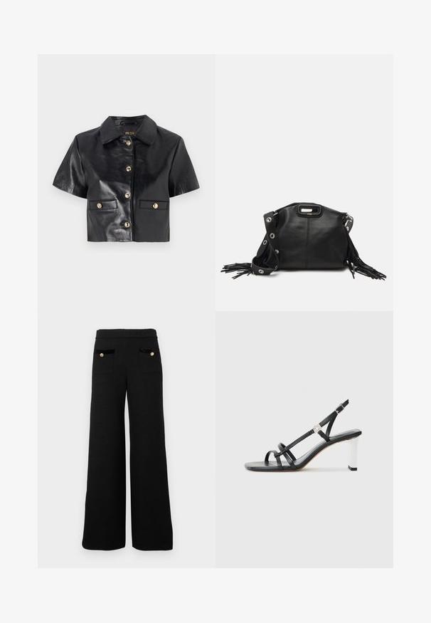 Juodas odinis trumpas švarkas su trumpomis rankovėmis, auksiniais mygtukais ir dviem priekinių kišenių. Lygi tekstūra ir klasikinio tipo apykaklė.; Juodos plačios kelnės, pagamintos iš tekstūruotos medžiagos, su dviem priekinėmis kišenėmis, juodais aksominiais akcentais ir auksiniais mygtukais.; Juodi suknelės sandalai su keliais siaurais dirželiais, slingback dizainas ir sidabro akcentu ant kulno. Lygus viršutinis medžiagos paviršius ir kvadratinis kulnas.; Maje MISS MINI - Rankinė per petį - noir