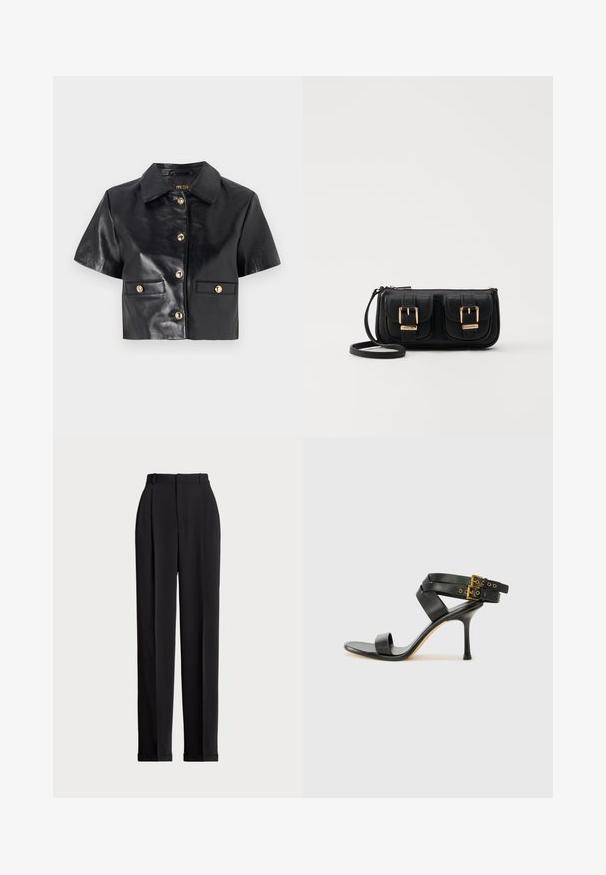 Black leather cropped jacket with short sleeves, gold buttons, and two front pockets. Smooth texture and classic collar design.; Black tailored trousers with a high waist, featuring pleats at the front, a straight leg design, and a cuffed hem. Made from smooth fabric.; Black heeled sandal with crossed straps and adjustable buckle. Features a smooth texture and tapered stiletto heel.; Black leather crossbody bag with two front pockets, gold buckles, zipper closure, and a slim strap. Textured surface and compact rectangular shape.