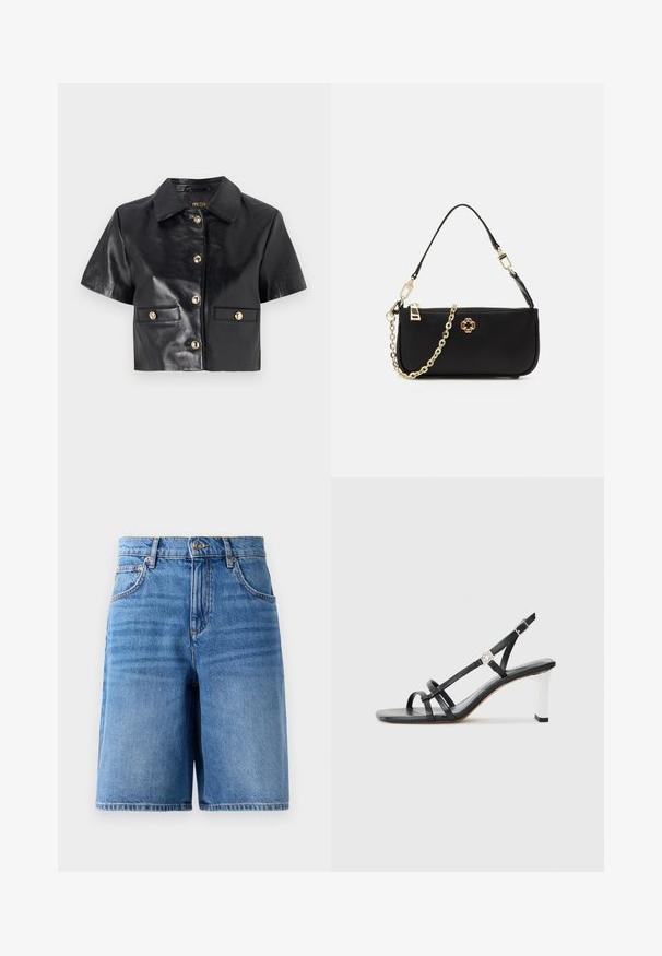 Jachetă din piele neagră, scurtă, cu mâneci scurte, butoane aurii și două buzunare în față. Textură netedă și design clasic al gulerului.; Șorturi din denim de culoare albastru deschis, cu talie înaltă, design cu picioare largi, cinci buzunare și detalii cusute pe margini.; Sandale negre cu toc înalt, cu mai multe curele înguste, design slingback și un accent argintiu pe toc. Material superior neted și toc pătrat.; Geantă de mână neagră cu o textură netedă, având o curea din lanț auriu, închidere cu fermoar și un emblema decorativă aurie pe față.