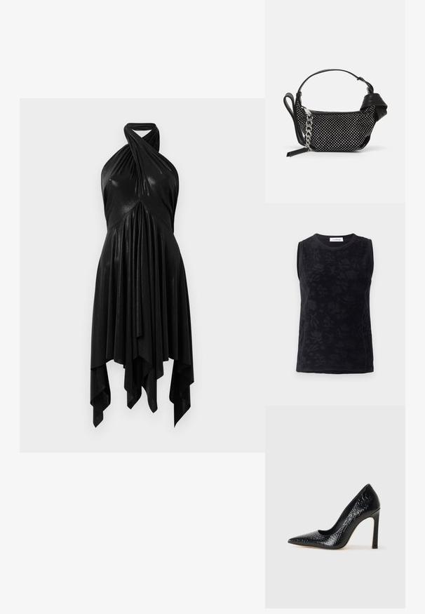Top sin mangas negro con textura floral, hecho de una tela suave, que presenta un cuello redondo y sutiles variaciones tonales en el diseño.; Vestido negro de halter con un diseño drapeado. Fabricado en un material brillante, presenta un escote retorcido y un dobladillo asimétrico. Textura suave.; Zapato de tacón alto negro con punta afilada y textura de piel de cocodrilo, que presenta un diseño elegante, un alto tacón de aguja y un interior negro suave.; Bolso de mano negro con adornos de tachuelas, una correa de cadena y un asa de cuero suave, con forma redondeada y compartimento con cremallera.