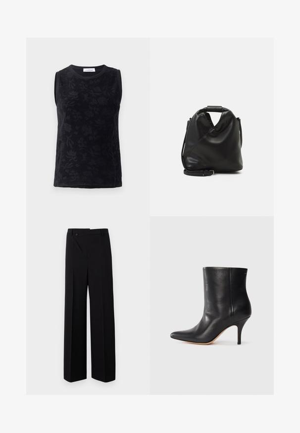 Černý bezrukávový top s květinovou texturou, vyrobený z měkké tkaniny, s kulatým výstřihem a jemnými tónovými variacemi v designu.; Černé široké kalhoty s plochým předním dílem, zapínáním na knoflík a hladkým textilním povrchem. Mají rovný střih a ostré linie.; Černá kožená kotníková bota s špičatou špičkou, štíhlým jehlovým podpatkem a hladkým povrchem. Minimalistický design bez viditelného hardwaru nebo akcentů.; Černá, měkká kožená taška s unikátním zkrouceným designem. Obsahuje krátkou rukojeť a odnímatelný ramenní popruh. Minimalistický styl.