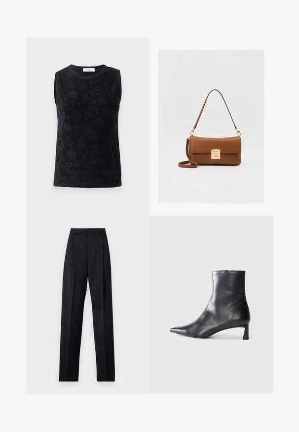 Must töötlemata must särk ilma varrukateta, lillemustriga, pehmest kangast, ümarate kaelustega ning disainis peened tooni variatsioonid.; Mustad püksid siledast kangast, millel on kõrge vöökoht, laiad jalad, esimesed kortsud ja klassikalised vööloopid. Küljepockets pole nähtavad.; Mustad mustall nahkasaabas terava nina ja stiilse disainiga. Omab madalat konts ja luku sulgemist taga. Sile tekstuur.; Pruun nahkämma, millel on kuldne klamber, lame disain, lühike käepide ja reguleeritav õlavöö. Sile tekstuur ja struktureeritud siluett.