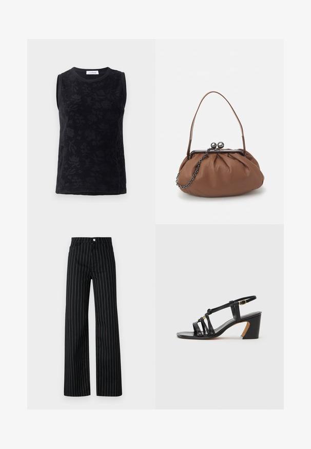 Čierny top bez rukávov s kvetinovou textúrou, vyrobený z jemnej látky, s okrúhlym výstrihom a jemnými tónovými variáciami v dizajne.; Čierne nohavice so širokými nohavicami a vertikálnymi modrými pásikmi, obsahujúce klasický dizajn s piatimi vreckami a predným zapínaním na gombík.; Paul Smith AMIRA - Klasické lodičky na opätku - black; Hnedá kožená kabelka so zhrnutým dizajnom, krátkym koženým uchom a reťazovým popruhom. Obsahuje strieborný kovový zapínací mechanizmus s dvoma okrúhlymi akcentami.
