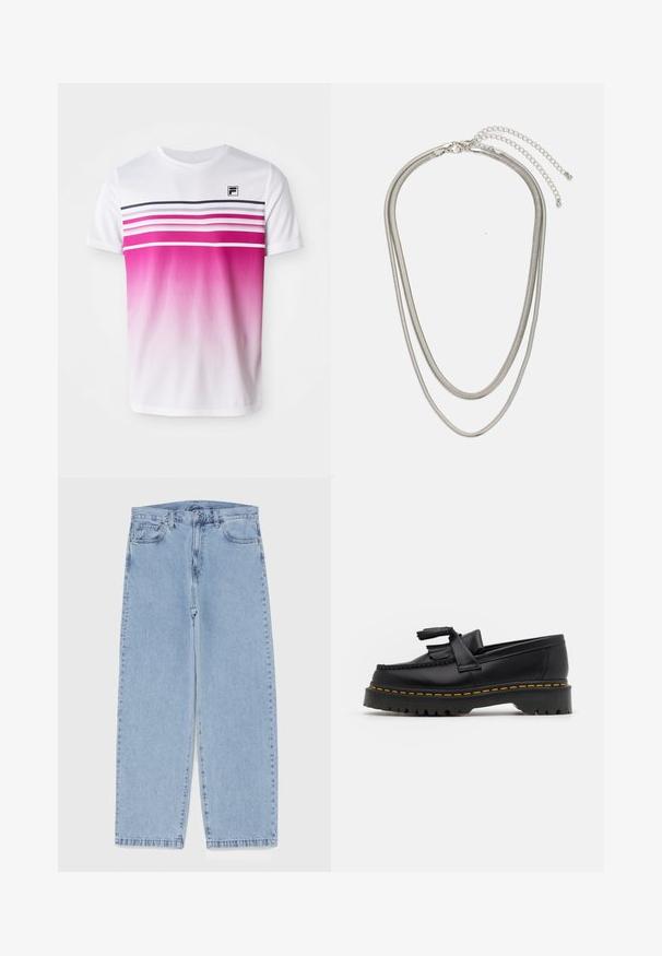 Camiseta blanca de manga corta con diseño de ombré rosa, rayas horizontales en rosa oscuro y azul marino, y un pequeño logotipo negro en el pecho.; Jean de mezclilla azul claro con diseño de pierna recta, con una cintura de altura media, cinco bolsillos y un cierre de botón y cremallera.; Mocasín de cuero negro con un acento de borlas, que presenta una suela gruesa negra y costuras amarillas a lo largo del borde. Acabado texturizado.; Collar de metal plateado de tres capas que presenta cadenas flexibles y elegantes con un ligero brillo, asegurado con un cierre de langosta y cadena ajustable.
