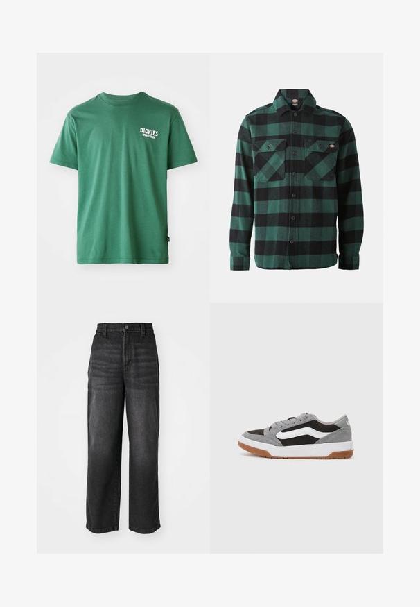 Zaļš kokvilnas t-krekls ar apaļu kakla izgriezumu, īsām piedurknēm un baltu logotipu kreisajā krūtīs. Gluda tekstūra un brīvs piegriezums.; Zaļš un melns checkered flaneles krekls ar garām piedurknēm, pogājamais priekšpuse, divas krūšu kabatas un klasiskā apkakle. Mīksta tekstūra, universāls dizains.; Melnas denima platās kājas bikses ar augstu jostu, pogu aizdari un piecu kabatu dizainu. Mīksta tekstūra ar nedaudz izbalējušu apdari.; Pelēki un melni zamša sporta apavi ar baltām akcentiem un gumijas zoli, ar noapaļotu purngalu un šņorēšanas dizainu.