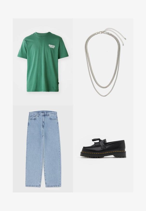 Vihreä puuvillapaita, jossa on pyöreä pääntie, lyhyet hihat ja valkoinen logo vasemmassa rinnassa. Sileä pinta ja rento istuvuus.; Vaaleansiniset farkut suoran lahkeen muotoilulla, joissa on puolivälin vyötärö, viisi taskua sekä nappi- ja vetoketjusuljenta.; Musta nahkakengät, joissa on tupsuakkentti, paksu musta pohja ja keltainen ommel reunassa. Rakeinen pinta.; Kolmikerroksinen hopeametallinen kaulakoru, jossa on tyylikkäitä, joustavia ketjuja, joissa on hieno kiilto. Kaulakoru on kiinnitetty hummerilukolla ja siinä on säädettävä ketju.