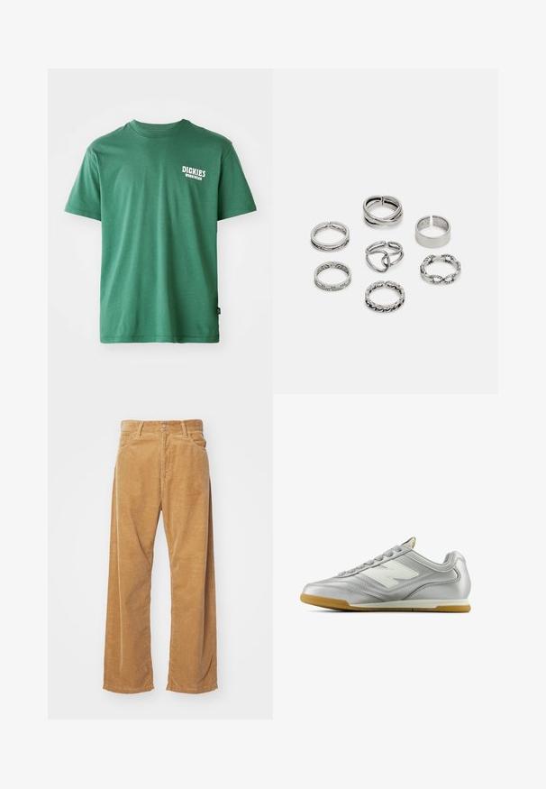 Roheline puuvillane t-särk, millel on ümmargune kaelus, lühikesed varrukad ja valge logo vasakul rinnal. Sile tekstuur ja mugav lõige.; Karedžvõrkudega laiade jalgade püksid beežikas värvuses. Omab tekstuuriga vertikaalseid triibusid, tavalist vöökohta ja kahte esipoolt taskut.; Hõbedane spordijalats sileda, läikiva pinnaga, valge logo küljes, tekstuuriga hallid paelad ja kummist soe põhi.; Seitsme hõbesõrmuse komplekt, millel on erinevad kujundid, sealhulgas keerdunud, seotud ja graveeritud mustrid. Erinevad kujundid ja laius.