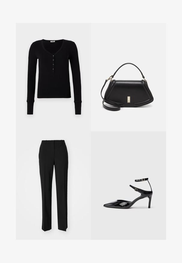 Schwarzes Langarmshirt mit V-Ausschnitt, geripptem Textur und einer Reihe von fünf schwarzen Knöpfen an der Vorderseite. Mittaillierte Manschetten.; Schwarze, taillierte Hose mit geradem Bein, aus einem glatten Stoff und mit klaren Falten an der Vorderseite. Keine sichtbare Hardware.; Schwarze Lacklederabsätze mit spitzer Zehenpartie, verstellbaren Knöchelriemen und einem schlanken Absatz. Glatte Textur mit glänzender Oberfläche.; Schwarze Lederhandtasche mit einem strukturierten Design, das eine verkürzte Form, einen oberen Griff und goldfarbene Hardware-Details aufweist. Verstellbarer Schulterriemen ist enthalten.