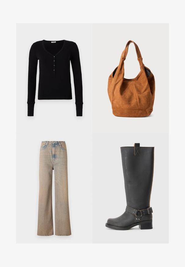 Cămașă neagră cu mânecă lungă, cu decolteu în V, textura ribbed și o rând de cinci nasturi negri în față. Prezintă mansete ajustate.; Jeans lejere, cu croi larg, de culoare deschisă, cu talie înaltă, fabricate din denim. Au cusături subtile și cinci buzunare, având o textură ușor decolorată.; Cizmă înaltă din piele neagră, cu un finisaj texturat, având un accent cu cataramă pe lateral și un toc mic. Cusături detaliate de-a lungul cusăturilor.; Geantă de umăr din suede maro, cu o textură moale, formă curbată și două mânere. Prezintă un design minimalist, fără hardware sau accente vizibile.