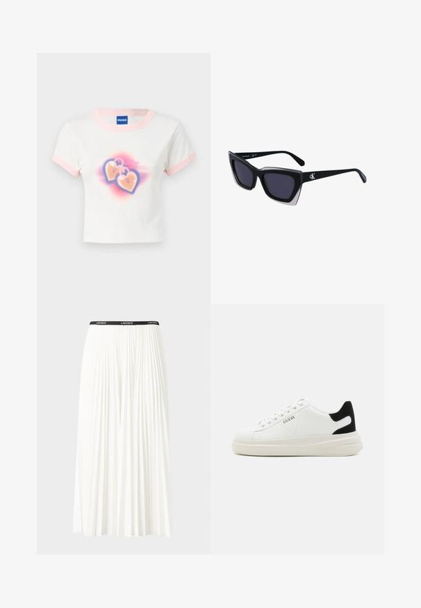 Balta medvilnės apkarpyta marškinėliai su pastelinėmis rožinėmis detalėmis. Pavaizduoti du širdelės formos užraktai ant spalvoto gradientinio fono.; Pleated balta sijonas su juodu elastiniu juosmeniu, ant kurio yra "LACOSTE" logotipas. Vidutinio ilgio dizainas su švelnia tekstūra.; Baltos odinės sportbačiai su storu baltu padu, juodu nubuko kulno akcentu ir iškilmingu logotipu šone. Su raišteliais, turinčiais šešis akinius.; Juodos didelės saulės akinių su geometrine forma, turinčiais tamsius objektyvus ir kontrastingą pilką detalę ant rėmelio. Logotipas ant šalon.