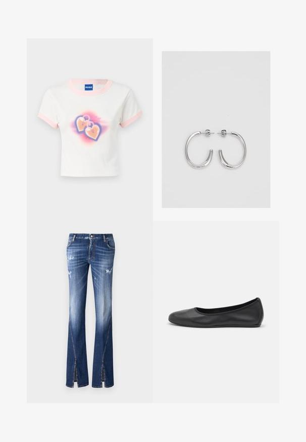 Camiseta de cultivo de algodón blanca con ribetes en rosa pastel. Presenta un gráfico de dos candados en forma de corazón sobre un fondo de degradado colorido.; DSQUARED2 ICON TRUMPET - Vaqueros a campana - blue denim; Bailarina de piel negra con punta redondeada, textura suave, detalle de costura minimalista y diseño de suela flexible.; Aros de plata en forma de aro con un acabado liso y brillante. Diseño redondeado y ligero, con cierre de tipo post-back.