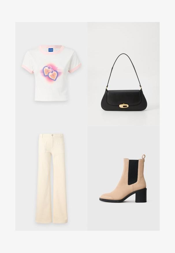 Valge puuvillane lühikeste varrukatega T-särk pastellroosa äärisega. Disainil on kaks südamekujulist lukku koos värvilise gradiente taustaga.; Kreemivärvi sirged teksad sileda tekstuuriga, kahte tagakotti ja ees oleva nööbi kinnitusega. Sirge disain ja kõrge vöökoht.; Beežist nubukist pahkluu saabas, millel on plokknõel ning must elastne sisekäik ja tõmblõng taga. Sile tekstuur ja ümar nina disain.; Mustroone nahast käekott kaarjate vormidega, kuldse tooni detailide ja ülemise käepideme ning sujuva sulgemise ja sileda tekstuuriga.