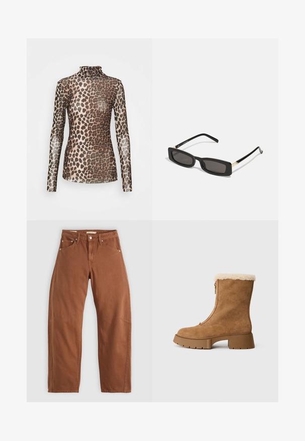 Cras KOBY BLOUSE - Langarmshirt - leo tanned; Rostbraune gerade geschnittene Jeans mit Vorder- und Hintertaschen, Metallnieten, Knopfverschluss und Gürtelschlaufen, flach auf einem weißen Hintergrund ausgelegt.; Brauner Suede-Stiefeletten mit einer flauschigen cremefarbenen Fütterung, seitlichem Reißverschluss und dicker Gummisohle. Besitzt eine glatte Textur und eine abgerundete Zehenpartie.; Schwarze rechteckige Sonnenbrillen mit dunklen Gläsern, glänzenden Kunststoffrahmen und goldenen Akzenten an den Bügeln. Minimalistisches Design und schlanke Form.