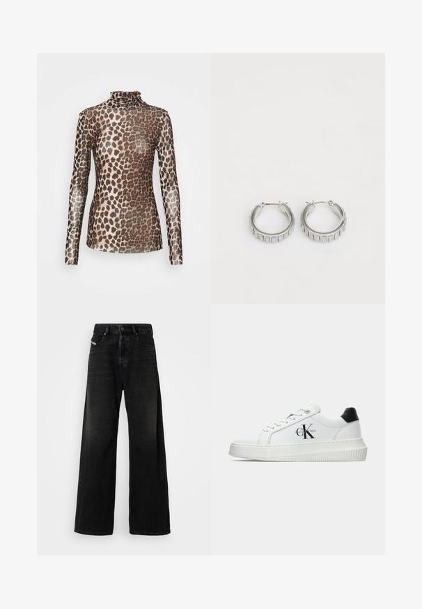Cras KOBY BLOUSE - Top s dlhým rukávom - leo tanned; Široké čierne džíny s vysokým pásom, so zapínaním na gombík, prednými vreckami a vyblednutou textúrou.; Biele nízke tenisky s čiernym pätkovým dielom, platformovou podrážkou, šnúrkami a logom "CK" značky Calvin Klein na boku.; Strieborné kruhové náušnice s textúrovaným dizajnom, ktorý obsahuje vertikálne ryhy. Obdĺžnikový tvar so zabezpečovacím uzáverom. Hladký povrch.