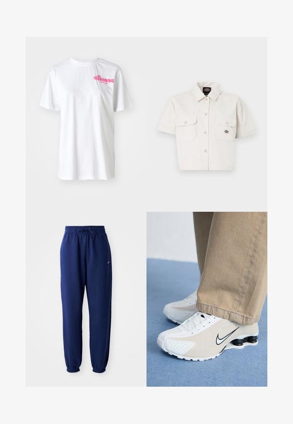 Valkoinen puuvillainen t-paita lyhyillä hihoilla, jossa on vaaleanpunainen "ellesse"-logo rinnassa. Klassinen pyöreä kaula-aukko.; Lyhythihainen, lyhyt valkoinen paita, joka on tehty puuvillasta, kahdella rintataskulla, napitettavalla edessä ja logopatchillä vasemmassa taskussa.; Tummansiniset collegehousut pehmeästä kankaasta, joissa on joustava vyötärönyöri, joustavat hihansuut ja pieni valkoinen logo.; Valkoiset ja beige Nike-tennarit, joissa on rei'itetty muotoilu, musta swoosh-logo, teksturoitu päällinen ja erottuva joustava musta kanta.