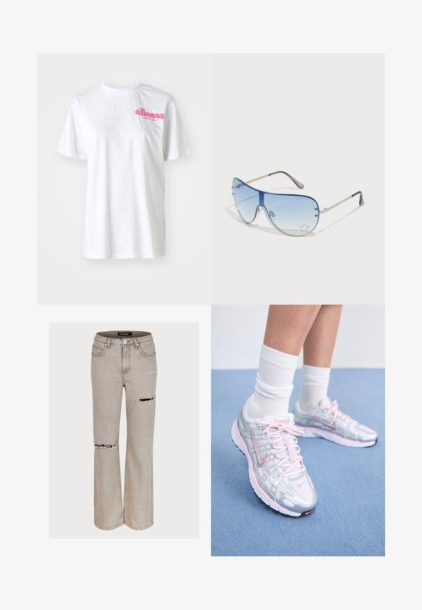 White cotton t-shirt with short sleeves, featuring a pink "ellesse" logo on the chest. Classic crew neck design.; Light gray jeans in a relaxed fit, featuring distressed detailing with rips at the knees and a faded texture. Includes five pockets and belt loops.; Nike running shoes featuring a silver mesh upper with pink accents, white laces, and a textured sole. Worn with white cotton athletic socks.; Aviator sunglasses featuring a gradient blue lens, silver metal frame, and decorative star accents on the lens. Smooth and sleek design.