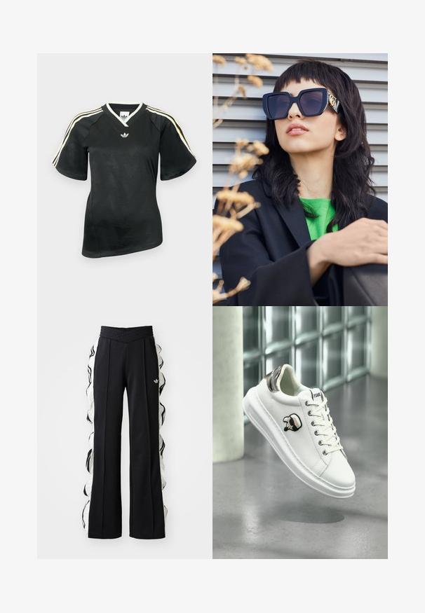 Melnā Adidas sporta krekls ar īsām piedurknēm, uz pleciem baltas un dzeltenas svītras, V-veida kakla izgriezums un smalks zizlveida raksts priekšpusē.; Melnas sporta bikses ar struktūrētu jostu, kurām ir baltas sānu paneļu un ziedu rotājumi, kā arī izšūts logo priekšpusē.; Balti Karl Lagerfeld kedu ar auklu priekšpusi, melnu un beigu logotipa uzlīmi un metālisku sudraba papēža cilpu, kas karājas virs pelēka grīdas.; Vairāk nekā parastās melnas saulesbrilles ar biezām rāmēm un zelta akcentiem, uzvilktas kopā ar melnu žaketi un spilgti zaļu krekli, uz horizontālas fonu.