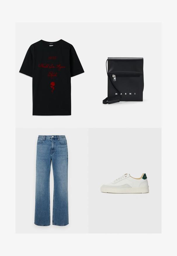 Black cotton t-shirt featuring red text: "10/10 Would Sin Again" and a rose graphic. Simple crew neck design, short sleeves.; Wide-leg blue jeans made of denim with a faded finish. Features five pockets, a front button closure, and a straight cut.; White sneaker with suede accents, rounded toe, flat laces, and a cream rubber sole. Features green branding on the heel.; Black leather crossbody bag with a zippered front pocket, embossed logo, and adjustable strap. Smooth texture with a structured shape.