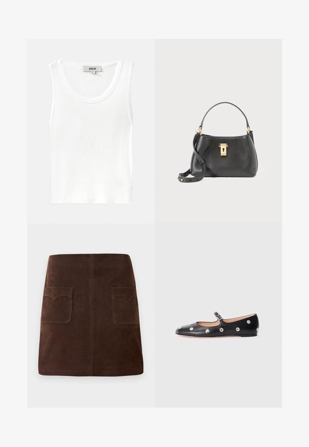 Weißes, geripptes Tanktop mit Rundhalsausschnitt und breiten Trägern, versehen mit einem Etikett mit der Aufschrift "AGOLDE" und der Größe "S".; Brauer Wildlederrock im klassischen A-Linien-Schnitt, mit zwei vorderen Taschen mit abgerundeten Klappen und dezenten Nähten.; Schwarze Leder-Mary-Jane-Ballenflats mit runder Zehenform, ausgestattet mit silbernen runden Nieten und einem verstellbaren Riemen mit Schnalle.; Schwarze Lederhandtasche mit strukturiertem Finish, mit einem goldenen Schlossverschluss, kurzen Tragriemen und einem abnehmbaren Schulterriemen.