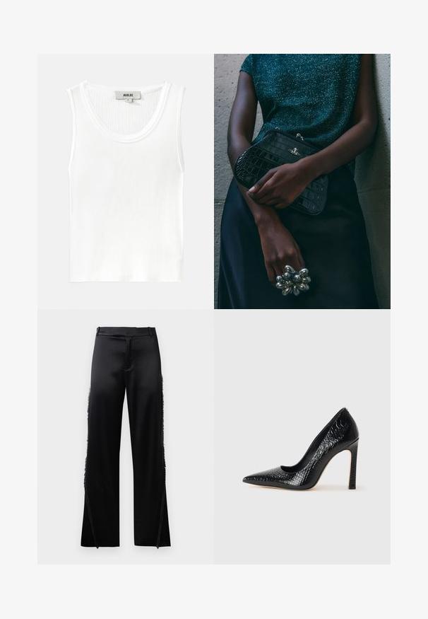 Valge ribadega top ümmarguse kaeluse ja laiate õlavarrepaeltega, millel on silt "AGOLDE" ja suurus "S."; Mustad satiinpüksid laia säärega, mille külgseintel on fruuride detailid ja lame talje. Seljaosa on lihtne, ilma taskuteta.; Mustan teravaotsaga kõrge kontsaga king, millel on krokodillimustriga tekstuur, stiilne disain, kõrge stilettokonts ja sile must sisesisustus.; Must musta tihe-must reptiili nahast pidulik kott hõbedaste detailidega, mille taustal on tekstuuriline hall taust. Omab läikivat pinda.