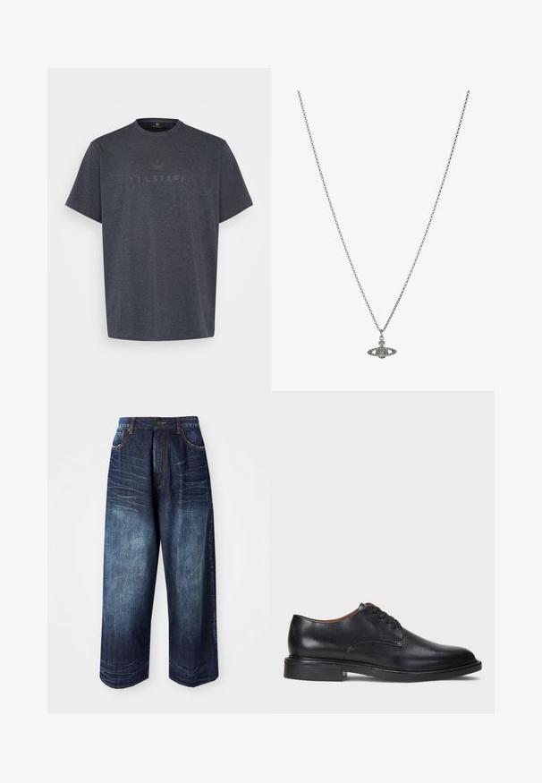 Belstaff - T-shirt z nadrukiem; Czarna, długosleeve, zapinana na guziki koszula z ostrym kołnierzykiem, widoczną metką marki wewnątrz kołnierza oraz zaokrąglonym dołem.; Granatowe dżinsowe spodnie typu wide-leg z wysokim stanem, kontrastowym przeszyciem, kieszeniami z przodu oraz gładką strukturą z delikatnym przetarciem.; Czarne skórzane buty wizytowe z okrągłym noskiem, sznurowanym zapięciem i niskim, warstwowym obcasem. Gładka faktura z minimalnymi detalami stębnowania.; Srebrny naszyjnik z łańcuchem z ozdobnym wisiorkiem w kształcie planety, zdobionym małymi akcentami i skomplikowanymi wzorami.