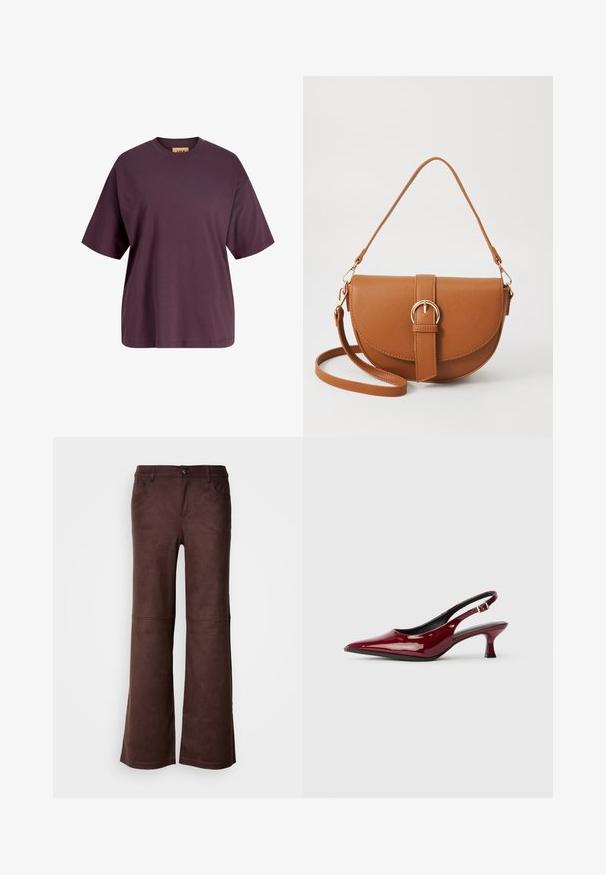 JJXX JXANDREA LOOSE LOGO TEE - Pamata T-krekls - sassafras/decadent chocolate; Brūnas platās bikses no mīksta, zamšveida auduma. Tās ir aprīkotas ar četrām kabatām, pogām un gludu, teksturētu virsmu.; Burgundijas lakota ādas sandales ar smailu pirkstu un elegantu stiletto papēdi. Atvērta papēža dizains ar regulējamu potītes siksniņu.; Brūns ādas plecu soma ar izliekta formu, zelta piederumiem un sprādzes akcentu. Iesaiņota ar noņemamu plecu siksnu.