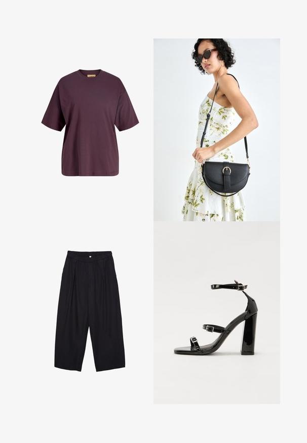 JJXX JXANDREA ciemnobrązowy; Czarne spodnie culotte z poliestru z elastycznym pasem, dwoma fałdami z przodu i luźnym krojem. Brak widocznych wzorów lub elementów metalowych.; Czarne lakierowane sandały na wysokim obcasie, z dwoma paskami zapinanymi na klamry, kwadratowy nosek i masywny obcas typu słupek, o gładkiej, błyszczącej fakturze.; Czarna skórzana torebka o zakrzywionym kształcie, z odpinanym paskiem i złotymi akcentami. Torebka posiada klapę z zapięciem w kształcie klamry.