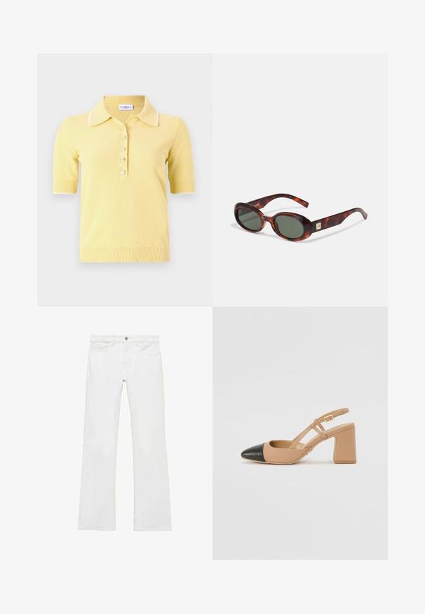 Marella DISTEL - Poloshirt - giallo; Weiße, ausgestellte Jeans aus einem glatten Baumwollstoff, mit fünf Taschen, einem Metallknopfverschluss und Gürtelschlaufen. Die Beine haben ein leichtes Verfeinerungsdetail.; Beige Slingback-Schuh mit schwarzer Kappe, quadratischem Absatz und zwei Riemenakzenten, aus glattem Material gefertigt.; Schildkrötenmuster Sonnenbrille mit dunklen Gläsern, ovaler Form und breiten Bügeln. Verfügt über eine kleine goldene Akzentuierung an der Seite. Hergestellt aus glattem Kunststoff.