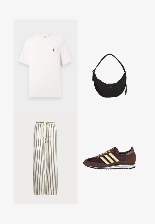 Jasnoróżowa bawełniana koszulka z krótkimi rękawami i okrągłym dekoltem. Na piersi znajduje się haftowany rysunkowy lis w niebieską kratkę.; Spodnie szerokie w kolorze kremowym z pionowymi granatowymi paskami. Posiadają elastyczny pas z troczkiem, co zapewnia luźny krój i teksturę.; Brązowe i burgundowe sneakersy wykonane z zamszu i siateczkowych materiałów, z trzema kremowymi paskami, teksturowanym materiałem na języku i gumową podeszwą.; Czarna torba na ramię o zaokrąglonym kształcie, z matowego materiału, z regulowanym paskiem i subtelnym logo. Posiada zamykaną na zamek kieszeń oraz teksturowane akcenty.