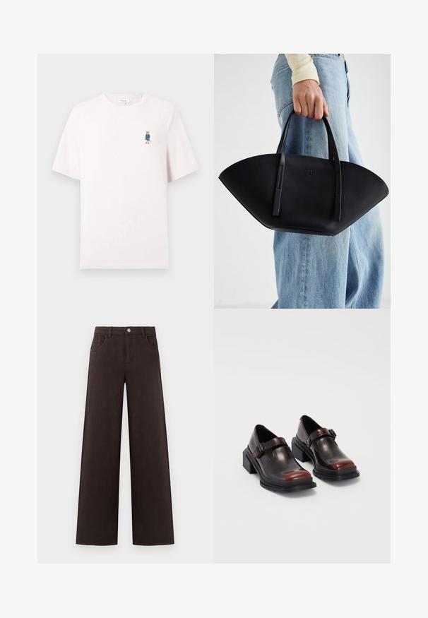 Šviesiai rožinė medvilninė marškinėliai trumpomis rankovėmis ir apvaliu kaklu. Krūtinėje yra siuvinėjamas animacinis lapinas mėlynai languotais drabužiais.; Plati kojos kelnės, pagamintos iš tamsiai rudo medvilninio audinio. Su mygtukų uždarymu ir priekinių kišenių detalėmis, turinčios lygų paviršių ir švarias linijas.; Odiniai blokiniai kulniukai su blizgiu tamsiai rudų vyno atspalviu, su sagties dirželiu ir apvalia nosimi. Tekstūruotas padas geresniam sukibimui.; Juodas odinis rankinis uždangalas unikaliu ventiliatoriaus formos dizainu, turintis plokščias rankenas. Paviršius turi akmeninė tekstūrą ir minimalistišką dizainą.