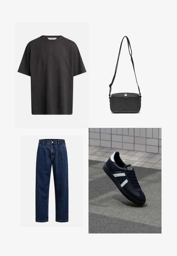 Dunkelgraues Baumwoll-T-Shirt mit rundem Ausschnitt, kurzen Ärmeln und lockerem Sitz mit sichtbaren Nahtdetails.; Dunkelblaue Denim-Jeans mit geradem Bein. Mit sichtbaren Nähten, einem Knopfverschluß und Frontfalten für zusätzliche Details.; Schwarze Leder-Sneaker mit weißen Streifen, strukturiertem Gummisohle und Schnürung. Verfügt über ein Markenetikett auf der Zunge.; Schwarze Leder-Crossbody-Tasche mit einem Reißverschluss, geprägtem Logo auf der Vorderseite und verstellbarem Riemen. Glatte Textur mit rechteckiger Form.