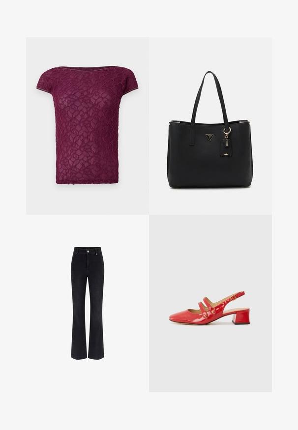 Bordo nėriniuotas marškinėliai su trumpomis rankovėmis, apvaliu iškirpimu ir tekstūruota gėlių raštu visame audinyje. Lengvas ir pusiau permatomas audinys.; Juodos džinsinės plačios kelnės, turinčios aukštą liemens aukštį, penkių kišenių dizainą ir metalinius mygtukus šonuose. Lygus paviršius ir klasikinis sijonas.; Raudona patentinė oda slingback bateliai su smailiu nosiu, dviem dirželių dizainu, turinčiu apvalių akcentų, ir žemu blokiniu kulnu.; Juodas pirkinių krepšys, pagamintas iš tekstūruotos sintetinės medžiagos, su dviem rankenomis, auksine logotipo plokšte ir maža etikete su akcentu.
