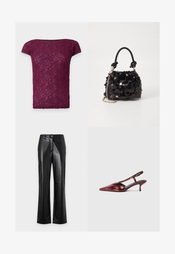 Cămașă din dantelă bourgundy cu mâneci scurte, guler rotund și un model floral texturat pe toată suprafața. Material ușor și semi-transparent.; Pantaloni din piele neagră cu un design drept, având închidere frontală cu nasture, tivuri pentru curea și o textură netedă, lucioasă.; Pantofii slingback cu toc kitten, din piele lucioasă burgundă, cu vârf ascuțit, curea T și cataramă argintie, pe fundal alb.; Geantă mini neagră cu paiete, cu un umar texturat înnodat și un lanț argintiu. Formă rotundă cu partea de sus adunată și detalii reflectorizante.