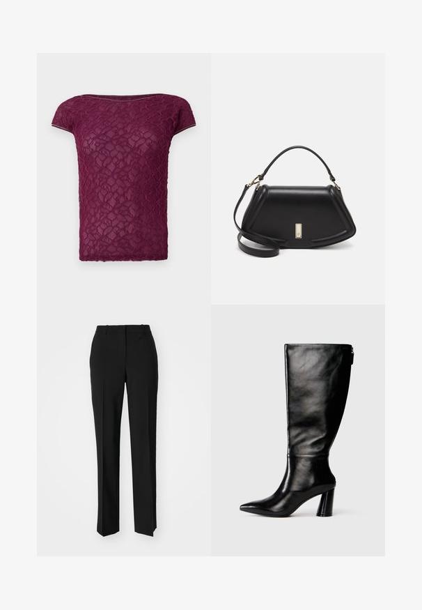 Μπλούζα κορυφαίας ποιότητας σε μπορντό δαντέλα, με κοντά μανίκια, στρογγυλή λαιμόκοψη και υφή λουλουδιών σε όλη την επιφάνειά της. Ελαφρύ και ημίtransparente ύφασμα.; Μαύρο παντελόνι με ραφή που έχει σχεδιασμό ίσιας γραμμής, διαθέτει λεία υφή και καθαρές πτυχώσεις κατά μήκος της μπροστινής πλευράς. Χωρίς ορατό μεταλλικό υλικό.; Μαύρη δερμάτινη μπότες μέχρι το γόνατο με μυτερή μύτη, λεία υφή και χοντρό τακούνι. Διαθέτει λεπτομέρεια φερμουάρ στο πίσω μέρος.; Μαύρη δερμάτινη τσάντα με δομημένο σχέδιο, που διαθέτει κομμένο σχήμα, επάνω λαβή και χρυσά μεταλλικά στοιχεία. Περιλαμβάνει ρυθμιζόμενο λουρί ώμου.