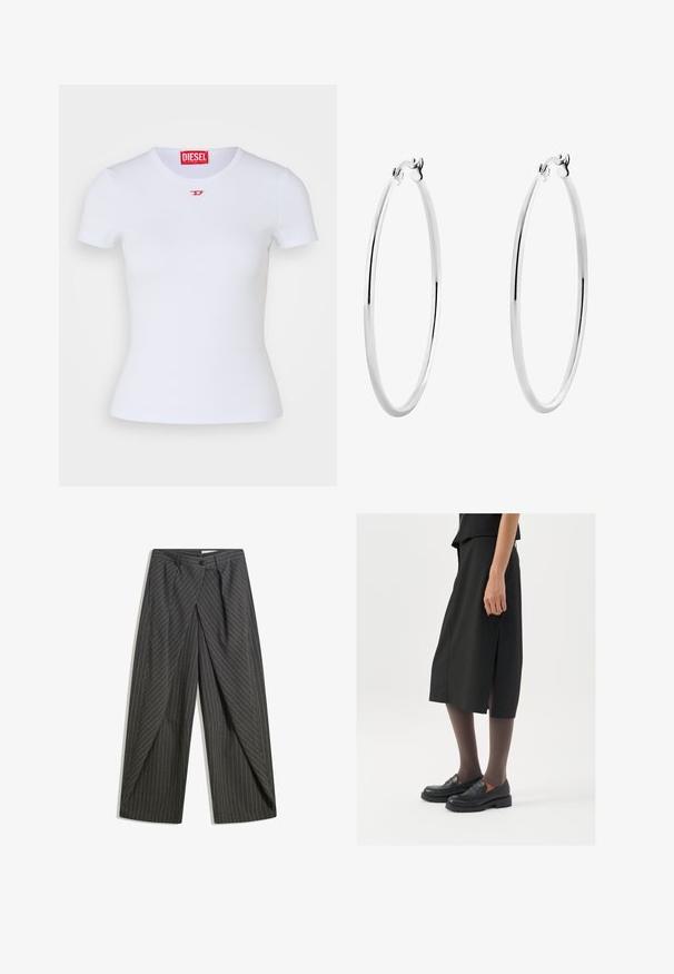 T-shirt bianco attillato con maniche corte. Texture a costine, scollo rotondo. Piccolo logo rosso "D" sul petto. Realizzato in tessuto elasticizzato.; Pantaloni grigi a righe con una vestibilità rilassata, dotati di chiusura con un solo bottone, pieghe e design a gamba larga.; Gonna nera alla lunghezza del ginocchio con spacco laterale, abbinata a mocassini neri e collant trasparenti marroni, caratterizzata da un tessuto liscio e un design semplice.; Orecchini a cerchio in argento con una superficie liscia e lucida e una forma circolare sottile. Il design presenta una chiusura sicura.