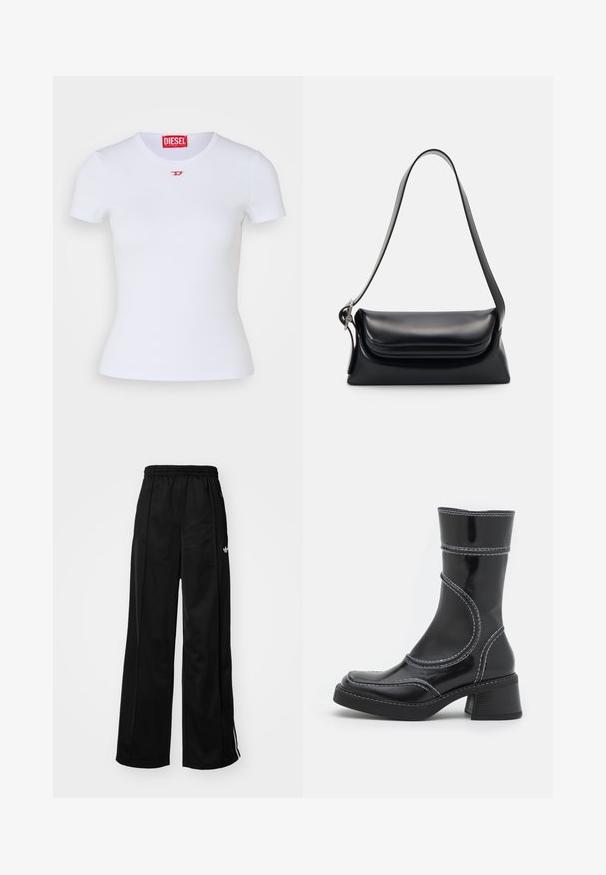 Valkoinen istuva t-paita lyhyillä hihoilla. Rypytetty pinta, pyöreä kaula-aukko. Pieni punainen "D" logo rinnassa. Valmistettu venyvästä kankaasta.; Musta leveälahkeinen treenihousut, jossa on elastinen vyötärö, valkoiset sivutossut ja pieni logo vasemmassa lonkassa. Silkkinen kangastunne.; Musta lakattu nahkasaapas nilkkamallissa, jossa on valkoiset ompeleet, pyöreä kärki ja lohkarekorko. Ominaisuuksiin kuuluvat kaarevat muotoilulinjat ja sileä pinta.; Musta nahkainen käsilaukku, jossa on jämäkkä muoto, sileä pinta ja yksi olkahihna. Sisältää hienovaraisen, pyöristetyn läppädesignin.