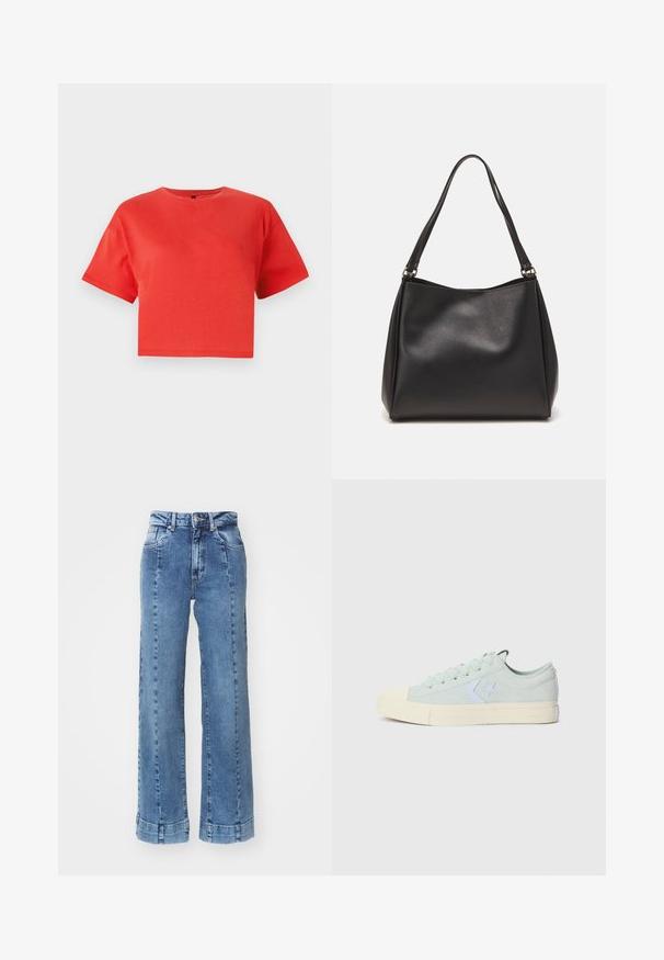 Tricou roșu scurt din bumbac, cu guler rotund și mâneci scurte. Textură netedă fără modele sau accente vizibile.; Jeans din denim albastru deschis, cu picior larg și talie înaltă, având buzunare frontale și detalii cusute. Funda este ruloyată și coasă.; Adidași din pânză verde mentă deschis cu vârf din cauciuc, logo alb în formă de stea și talpă din cauciuc de culoare crem. Prezintă un design clasic cu șireturi.; Geantă de mână din piele sintetică neagră, cu o textură moale, formă hobo și două bretele pentru umăr; prezintă un finisaj lucios și un design minimalist.