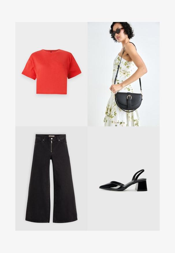 Rød cropped t-shirt lavet af bomuld, med rund hals og korte ærmer. Glat struktur uden synlige mønstre eller detaljer.; Vide ben jeans i sort denim med lynlås foran, fem lomme-design og subtile stikninger. Glat tekstur og afslappet stil.; Sorte patentlæder slingback hæle med spids tå og en geometrisk blok hæl. Har et elegant, minimalistisk design og en glat tekstur.; Sort læderhåndtaske med en buet form, aftagelig rem og guldfinish. Tasken har en klap med en spænde detalje.