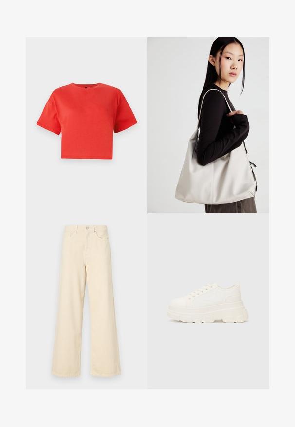 Rdeča kratka majica iz bombaža, z okroglim izrezom in kratkimi rokavi. Gladka tekstura brez vidnih vzorcev ali dodatkov.; Bež jeans širokega kroja iz bombaža. Imajo gumbno zapiranje, zanke za pas in sprednje žepe ter gladko, mehko teksturo.; Bela platnena teniska z debelim podplatom, okroglo konico in petimi luknjicami za vezalke. Zadaj je dodana zanka za enostavno obuvanje. Gladka tekstura, minimalistična zasnova.; Bežna torbica iz mehkega materiala, z ohlapno zasnovo, šivi in dvema naramnicama. Primerna za vsakodnevno uporabo.