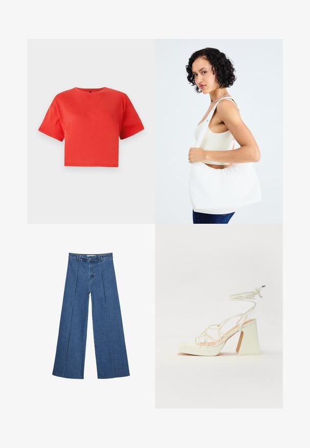 Rød cropped t-shirt lavet af bomuld, med rund hals og korte ærmer. Glat struktur uden synlige mønstre eller detaljer.; Bredde ben denim jeans i mellemblå, med høj talje, knaplukning og kontrasterende lodrette sømdetaljer foran.; Hvide højhælede sandaler med en kraftig hæl, der har et stropdesign og ankelbinding. Glat tekstur med en platform foran for ekstra højde.; Hvid skuldertaske lavet af glat materiale med en oval udskæring og bred stropdesign. Enkel og moderne med ingen synlig hardware.