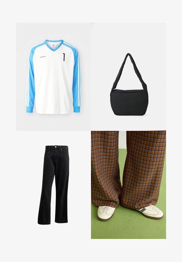 Bela dolga majica za nogomet z lahkimi modrimi rokavi, z v-izrezom, črno številko "1" in Adidasovim logotipom na prsih in rokavih.; Črne kavbojke iz denima s ravnimi hlačnicami, ki imajo sprednje žepke, gumbasto zapiranje in rahlo teksturo. Vključujejo subtilen logotip.; Rjave in modre kariraste hlače širokih nogavic, v kombinaciji z belimi čevlji, ki imajo črne poudarke in teksturirane podplate, na zeleni podlagi.; Črna torba čez ramo z oblazinjenim teksturo, zaobljeno obliko in širok pas, z embosiranim logotipom na sprednji strani.