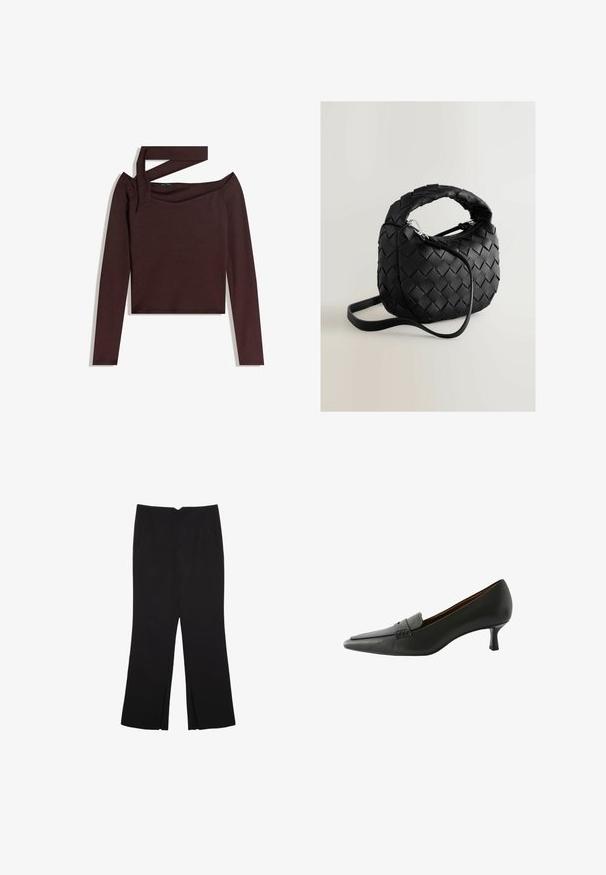 Langärmlige, schulterfreie Bluse aus dunkelbraunem Jersey-Stoff, mit einer gebundenen Akzentuierung an der Schulter und einem cropped Saum.; Schwarze Hose mit geradem Schnitt, ausgestattet mit Fronttaschen und Seitenschlitzen am Saum. Hergestellt aus weichem, glattem Stoff. Geeignet für verschiedene Anlässe.; Schwarzer Lederschuh mit Absatz, spitz zulaufend und dekorativem Riemen. Er verfügt über einen niedrigen Stilettoabsatz und eine glatte Oberfläche.; Schwarze geflochtene Lederhandtasche mit runder Form, mehreren geflochtenen Griffen, einem Reißverschluss und einem verstellbaren Schultergurt. Strukturierte Oberfläche.