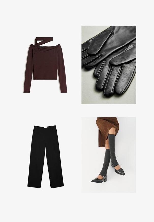 Pitkähiha, olkapäältä paljastava paita tummanruskeasta jersey-kankaasta, jossa on solmittava yksityiskohta olkapäällä ja lyhyt helma.; Valkoiset leveälahkeiset housut mustasta kankaasta, jossa on sileä pinta, puhdas muotoilu ja huomaamaton sivuvetoketju kiinnitystä varten.; Musta lakattu nahkakengät teräväkärkisillä, leveällä kantapäällä ja nilkkahihnalla, yhdistettynä harmaisiin ribattuihin säärystimiin ja ruskeaan mokkasiinimekkoon.; Mustat nahkahanskat, joissa on sileä pinta, ompeleet sormien kohdalla ja muotoilultaan istuva malli. Pehmeä, joustava materiaali mukavuutta varten.