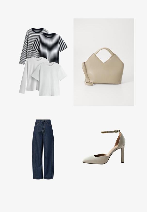 Set od četiri majice: dvije bijele, jedna plava sa prugama i jedna crna sa prugama. Sve imaju kratke rukave i okrugle izreze, izrađene su od pamučne tkanine.; Široke traperice u tamnoplavoj boji s pojasom na uže, kontrastnim šavovima i dva prednja džepa. Glatka tekstura, ležeran kroj.; Svijetlosivi cipeli na visokim potpeticama s oblikovanim vrhom, otvorenim gornjim dijelom, remenom oko gležnja i zlatnim lancem kao ukrasom. Glatka kožna tekstura.; Bež torba sa strukturom i V-oblikovanim vrhom, napravljena od glatke kože, sa kratkim drškama i dugim podesivim remenom. Minimalistički dizajn.