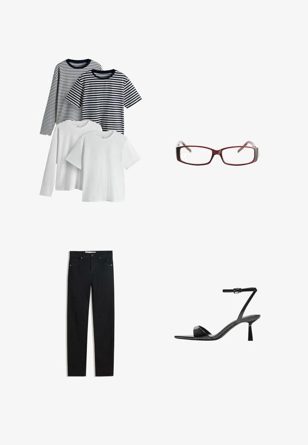 Sæt af fire t-shirts: to hvide, en marineblå med striber og en sort med striber. Alle har korte ærmer og rund hals, lavet af bomuldsstof.; Sorte denimbukser med lige ben, fem lommer, metalknaplukning og diskrete syningsdetaljer. Glat tekstur.; Bershka Højhælede sandaletter / Højhælede sandaler - black; Røde rektangulære briller med et sleekt design. Klare linser, let transparente stænger og en gradient-effekt fra rød til grå.