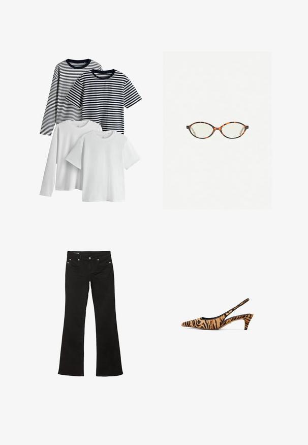 Sæt af fire t-shirts: to hvide, en marineblå med striber og en sort med striber. Alle har korte ærmer og rund hals, lavet af bomuldsstof.; Sorte flared jeans med en glat tekstur, der har kobberfarvet metalhardware og traditionelt fem-lomme design.; Sko med spidse tæer og slingback i orange og sort tigermønster stof, med en slank hæl og et åbent bagdesign for åndbarhed.; Skildpaddebriller med ovale linser og en elegant, glat finish. Har tynde sider med en subtil kurve ved tindingerne. Klare linser.