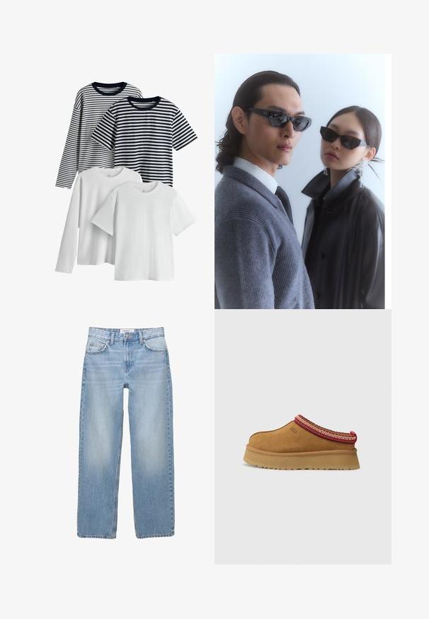 Komplet štirih majic: dve beli, ena mornarsko modro z črtami in ena črno z črtami. Vse imajo kratke rokave in okrogle izreze, izdelane iz bombažne tkanine.; Svjetloplave traperice s ravnim nogavicama, stilom s pet džepova i vidljivim detaljima šivanja. Tkanina ima mekanu, malo izbljedjenu teksturu.; Rjavi suede natikači z rdečo in smetano obrobo z vzorcem, teksturiranimi podplati in logotipom UGG na strani. Imajo rahlo povišano platformo.; Sončne očala z oglatimi črnimi okvirji na modelu s sivo jopico, ki prikazuje teksturirano pletenino, in črno usnjeno jakno, ki jo nosi drug model.