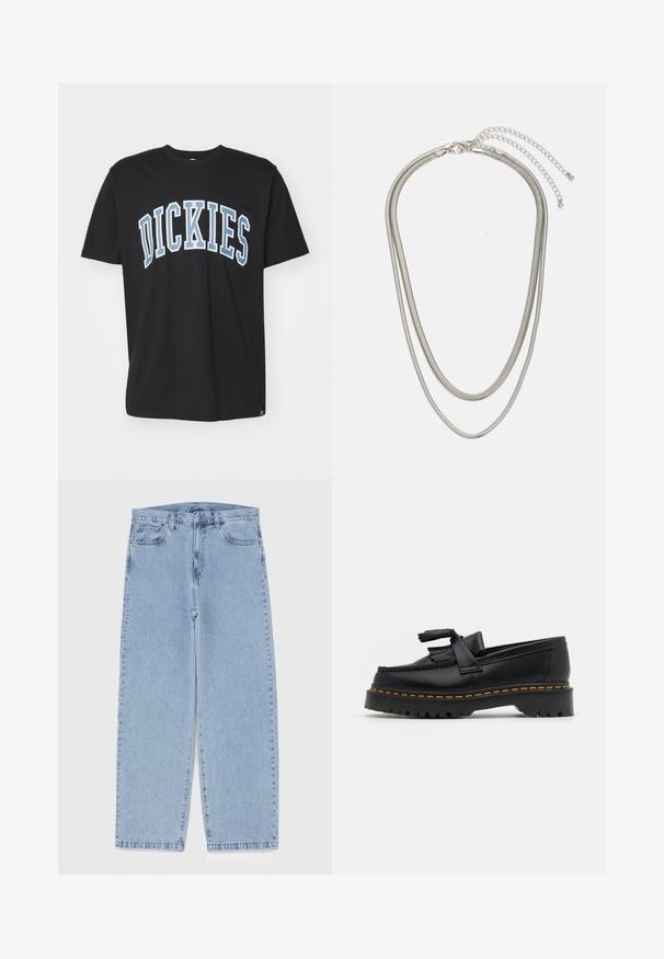 Camiseta de algodón negra con un gráfico curvado en blanco y azul de "DICKIES" en el pecho. Con mangas cortas y un diseño de corte relajado.; Jean de mezclilla azul claro con diseño de pierna recta, con una cintura de altura media, cinco bolsillos y un cierre de botón y cremallera.; Mocasín de cuero negro con un acento de borlas, que presenta una suela gruesa negra y costuras amarillas a lo largo del borde. Acabado texturizado.; Collar de metal plateado de tres capas que presenta cadenas flexibles y elegantes con un ligero brillo, asegurado con un cierre de langosta y cadena ajustable.